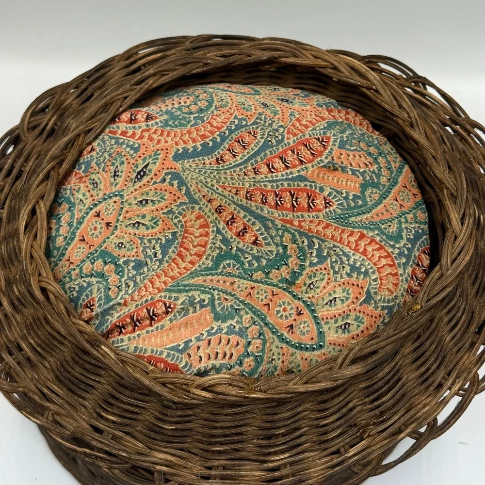 Vintage Round Wicker Sewing Basket Paisley Fabric Lining Dark Brown Storage Lid